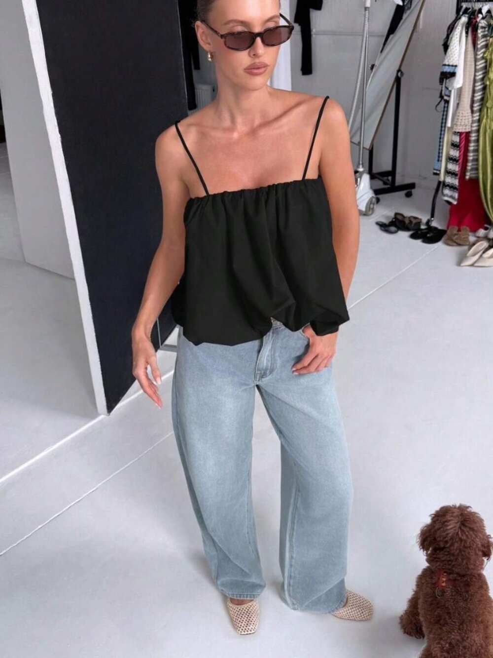 Black Ruched Balloon Hem Cami Crop Top Flowy Bubble Tank S
